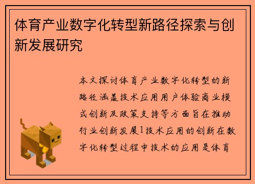 体育产业数字化转型新路径探索与创新发展研究